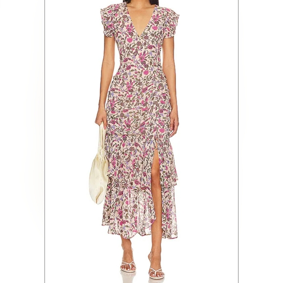 Cleobella Dresses & Skirts - Cleobella Bryce Chiffon Maxi Kaia Print Vneck Ruffle dress Size Baby Doll Meduim